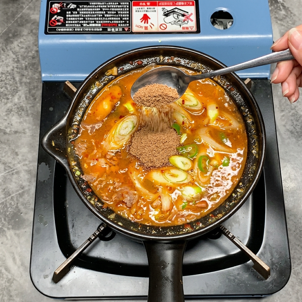 Une cuillère de bouillon de bœuf en poudre ajoutée au ragoût coréen riche et frémissant.