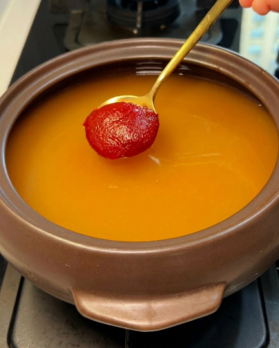 Pâte de piment coréenne rouge vif mélangée au bouillon, lui donnant une teinte rouge profonde.