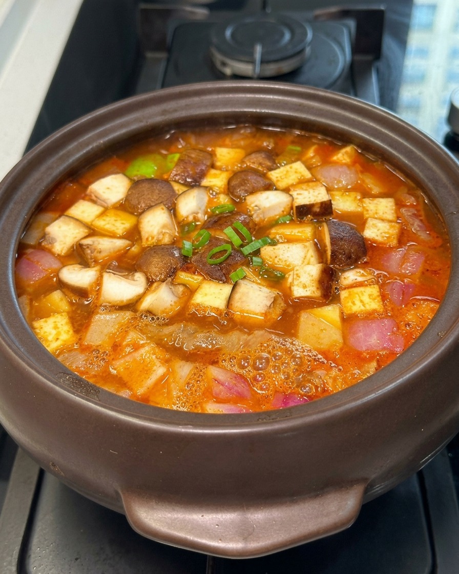 Pot en pierre rempli de bouillon rouge, tofu en cubes, champignons shiitake et oignons.