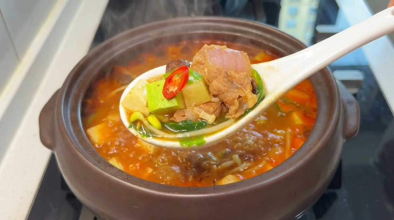 Une cuillerée de Doenjang Jjigae réconfortant, mêlant bouillon au soja, bœuf tendre, tofu et légumes frais.