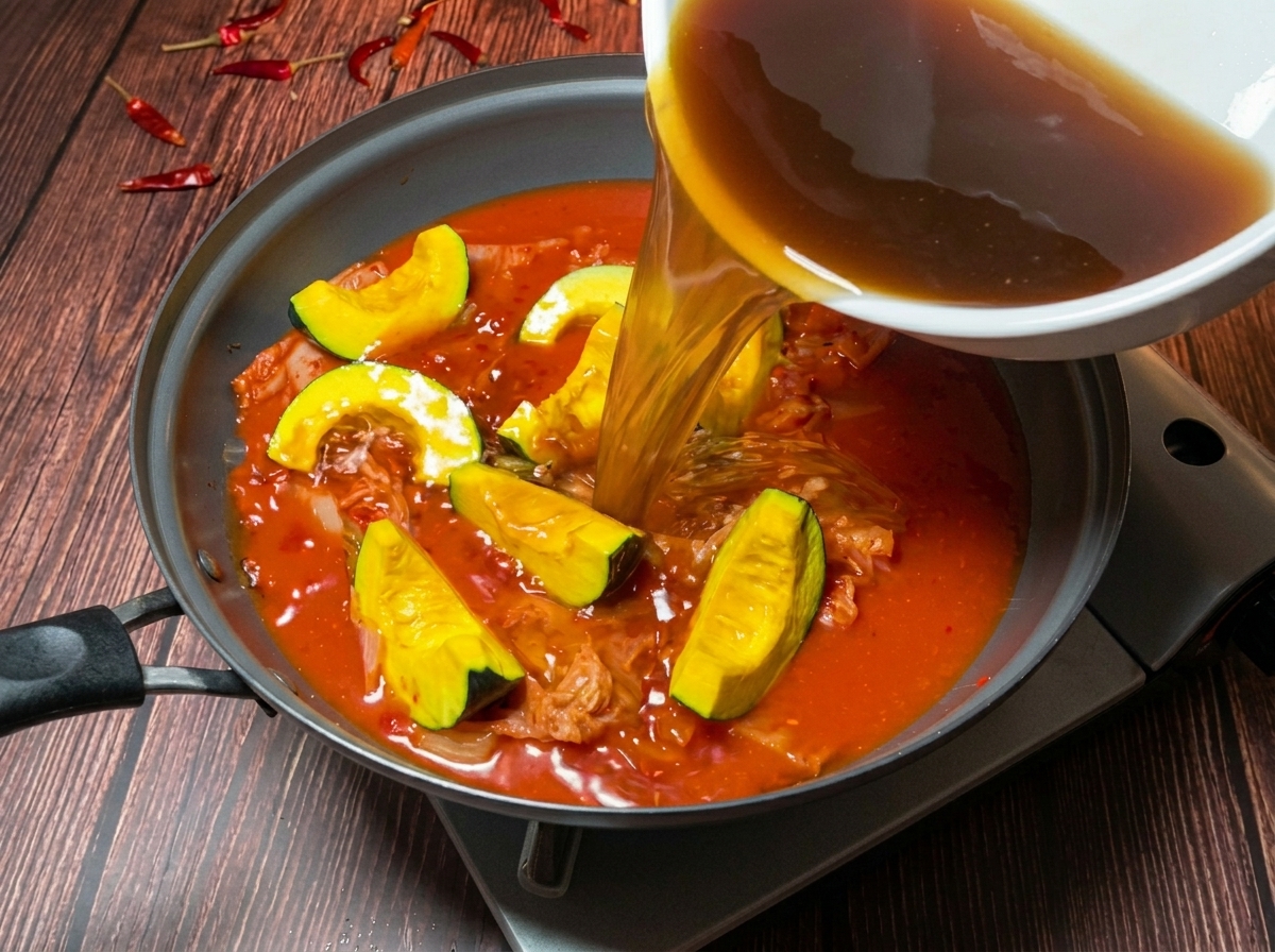 Le bouillon doré est versé dans une marmite contenant du kimchi et des morceaux de courge kabocha.
