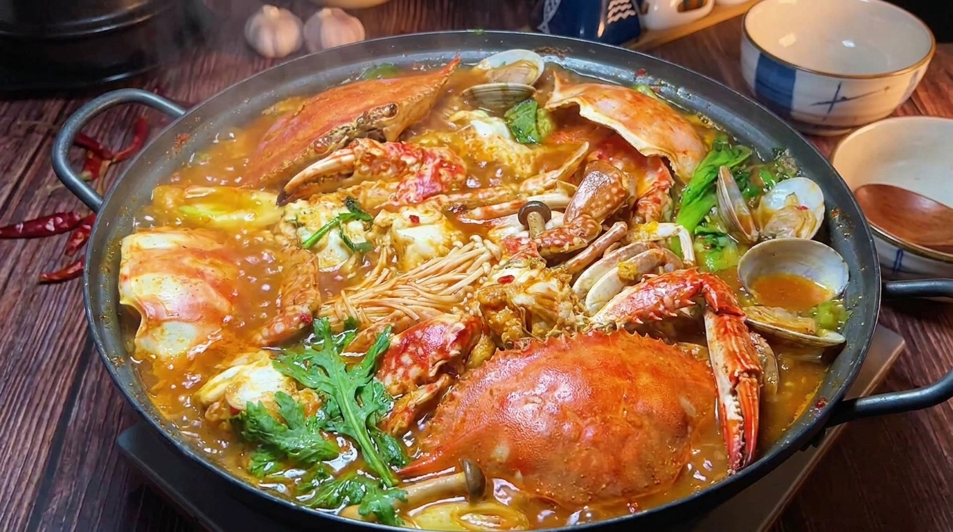 Une marmite bouillonnante de soupe coréenne au crabe et au kimchi, garnie de palourdes fraîches, de champignons et de feuilles de chrysanthème.