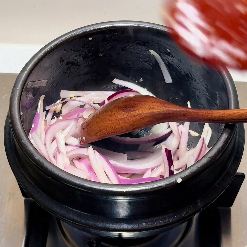 Une sauce rouge foncé ajoutée aux oignons sautés dans un pot en terre cuite, mélangée avec une cuillère en bois.