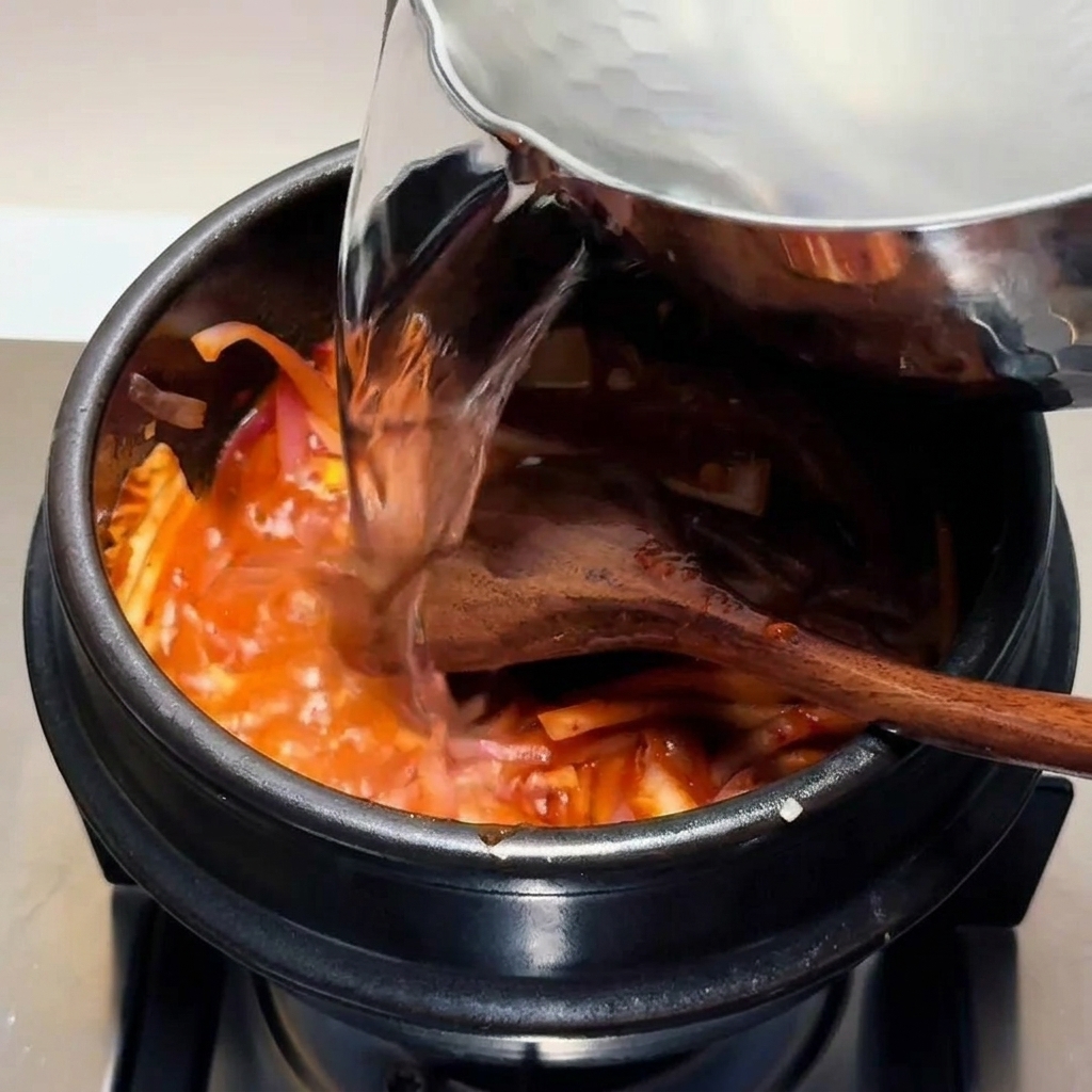 Eau chaude versée dune cruche en métal dans un pot rempli dune base de kimchi rouge sautée.