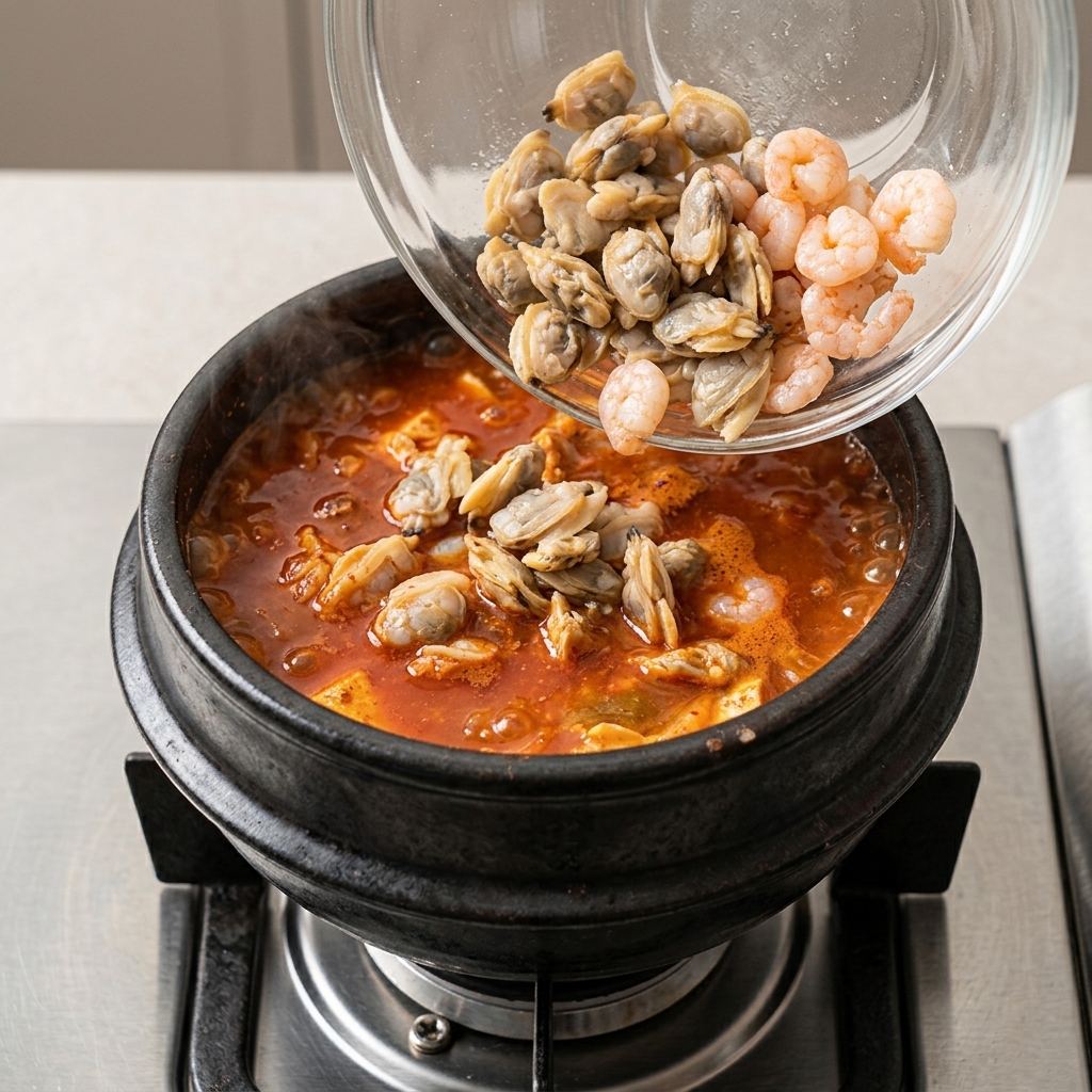 Crevettes crues et chair de palourdes versées dun bol en verre dans un pot de ragoût de kimchi bouillonnant.