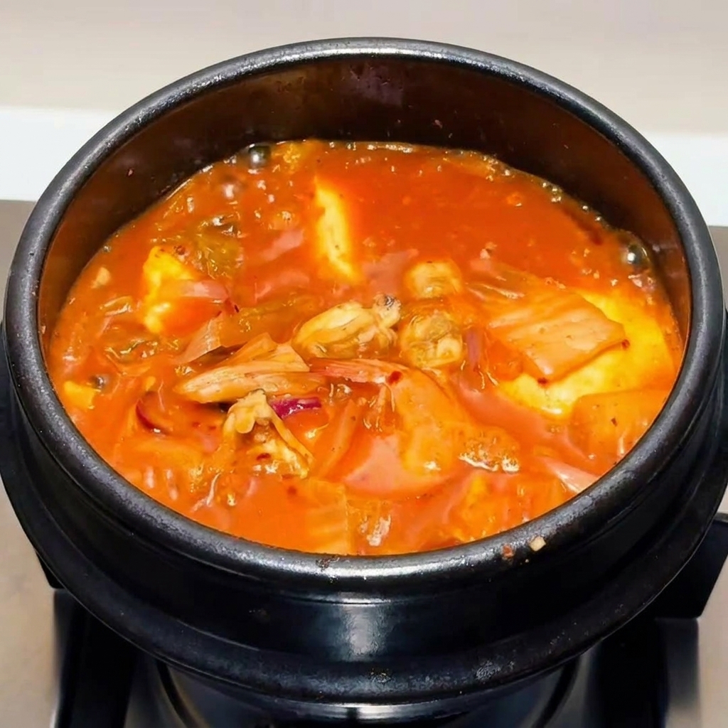 Ragoût de kimchi bouillonnant garni doignons verts frais hachés.