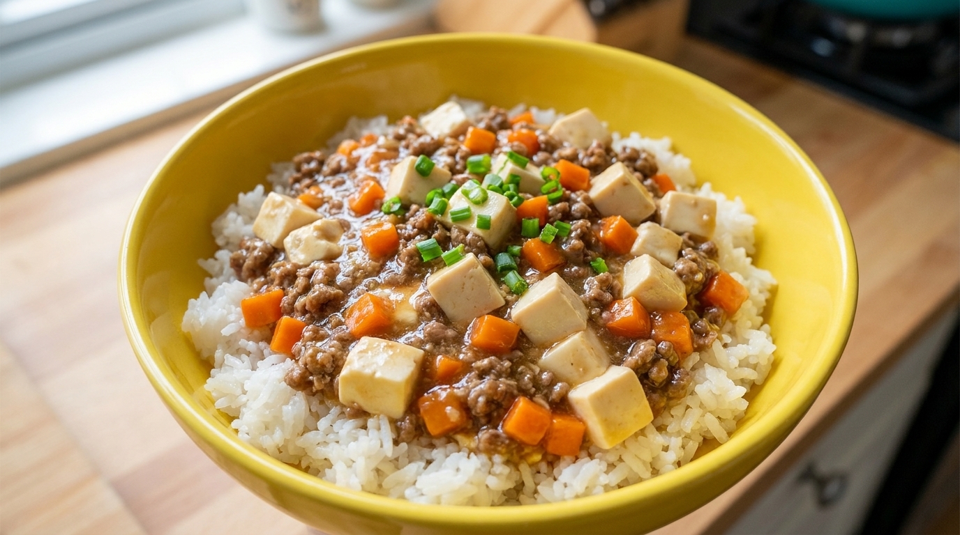 Un bol copieux de riz blanc garni dun ragoût savoureux de bœuf haché, tofu et carottes, parsemé de cébettes fraîches.