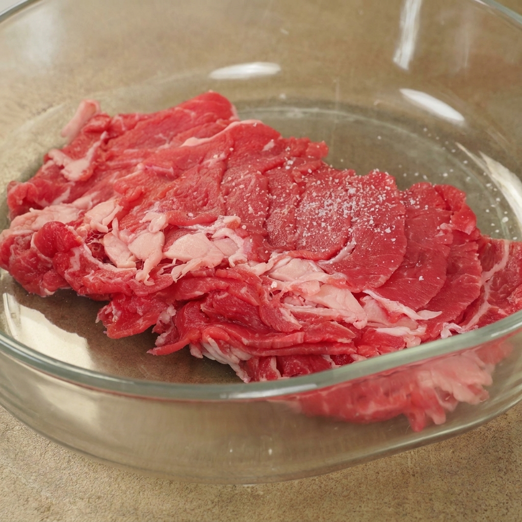 Tranches de bœuf cru dans un bol en verre saupoudrées dassaisonnements.
