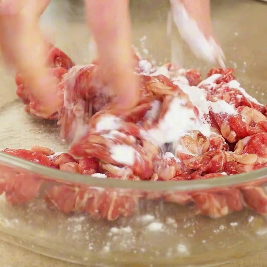 Mains mélangeant le bœuf avec la marinade dans un bol.