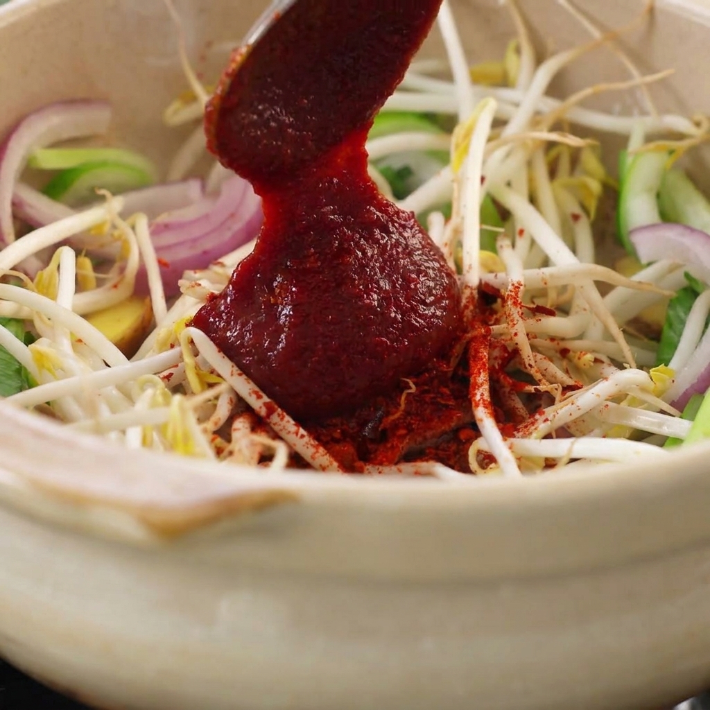 Pâte de piment coréenne ajoutée au mélange de légumes.