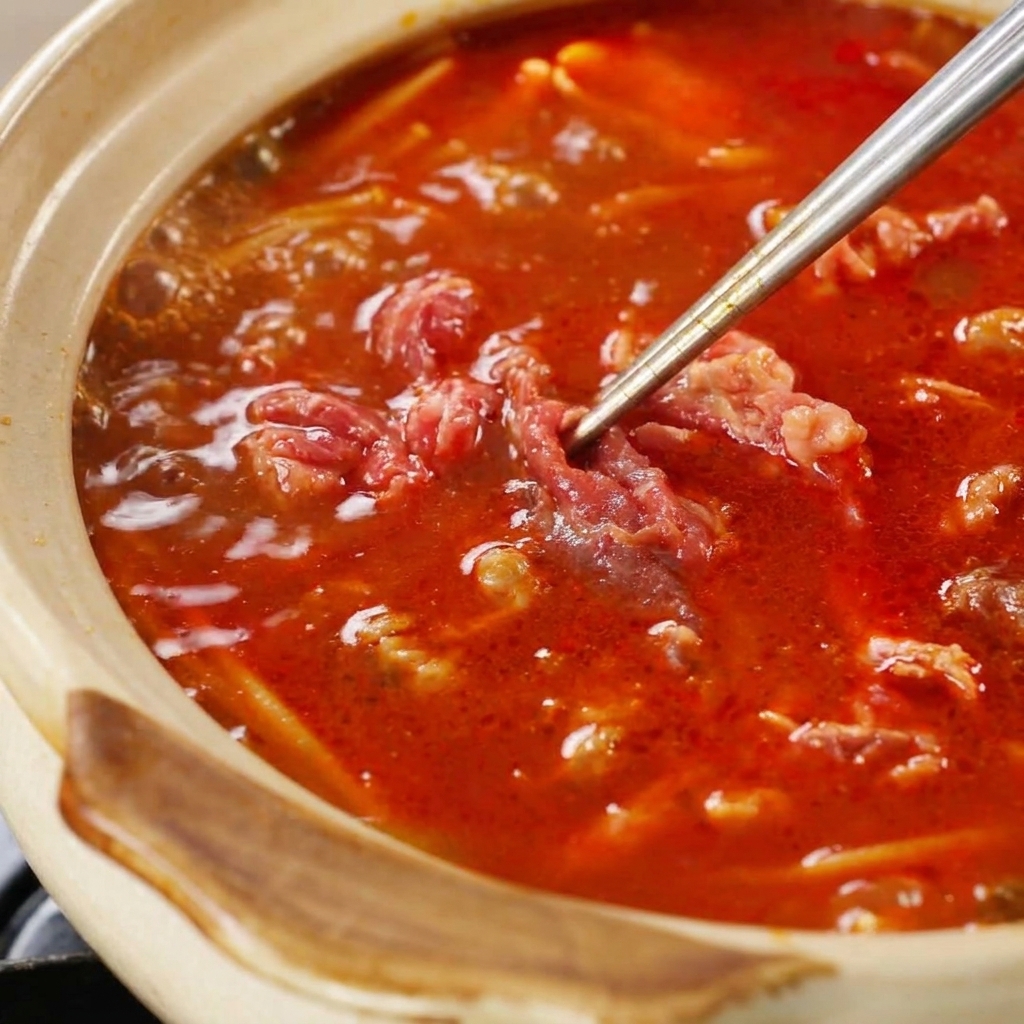 Tranches de bœuf immergées dans le bouillon bouillonnant avec des pinces.