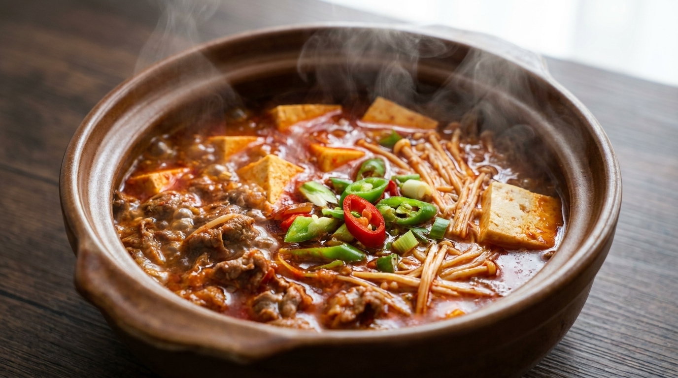 Ragoût épicé de bœuf et tofu en pot d'argile