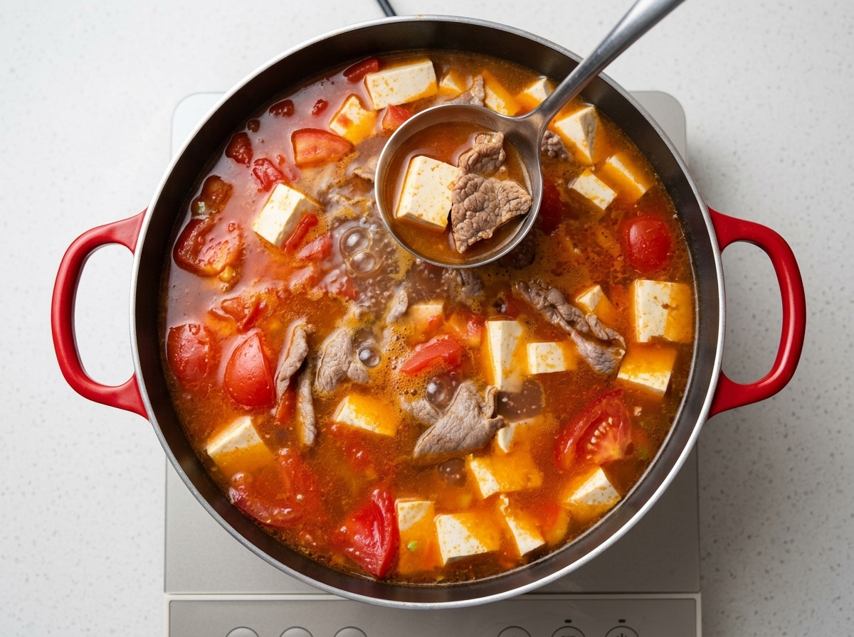 Une marmite de soupe au bœuf, tomates et tofu en train dêtre assaisonnée.