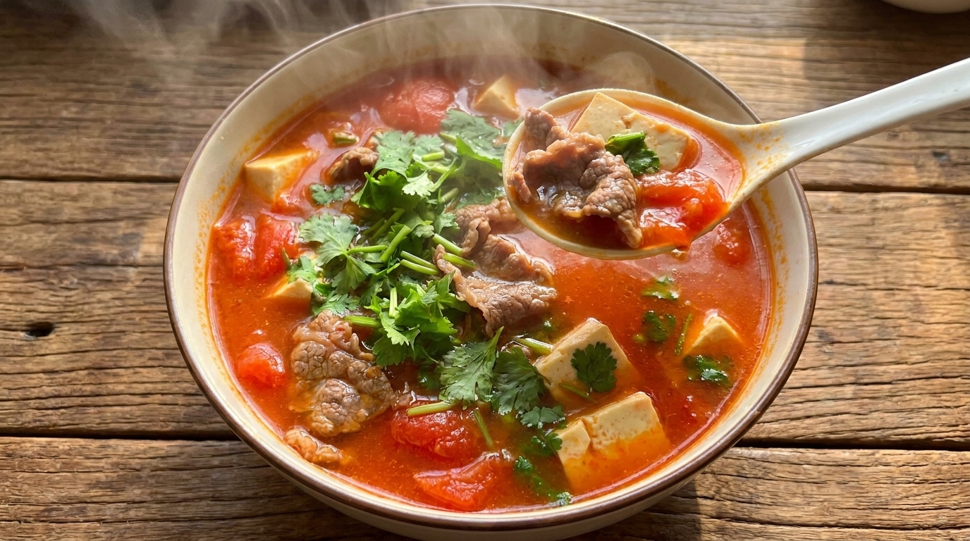 Soupe de bœuf à la tomate et tofu soyeux