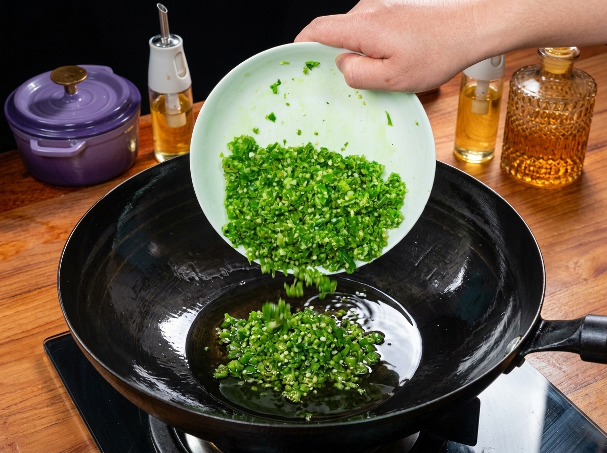 Le mélange de piments verts et poivre du Sichuan grésillant dans de lhuile chaude dans un wok noir.