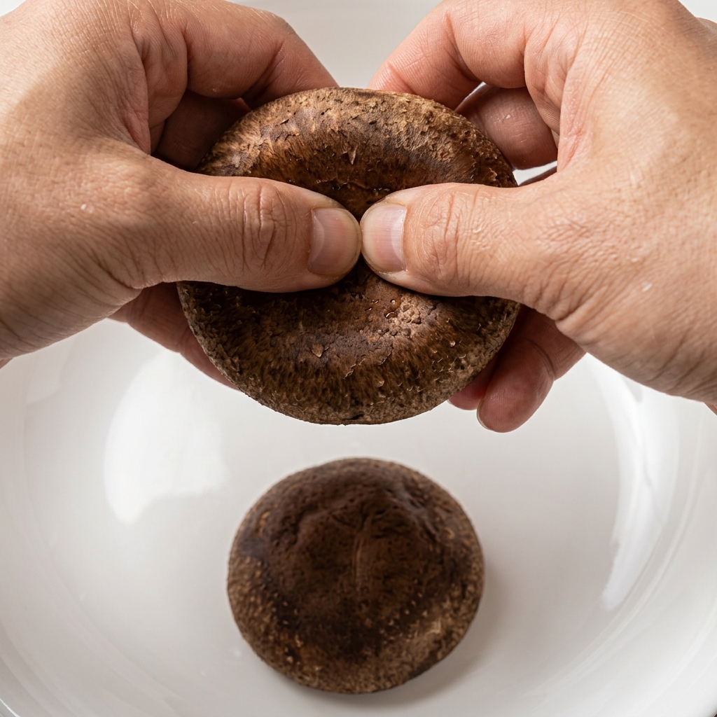 Gros plan sur des mains déchirant un champignon shiitake frais en deux au-dessus dun bol blanc.
