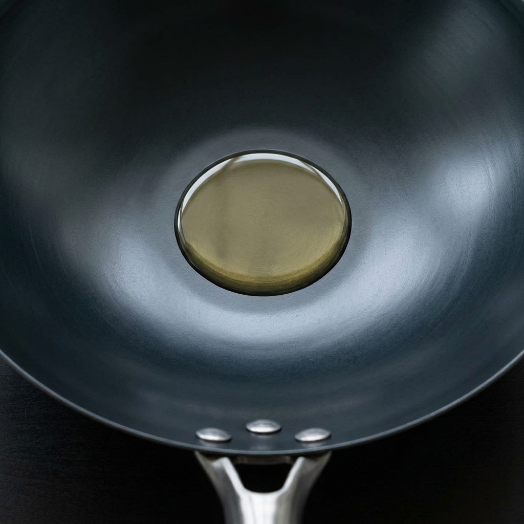 Champignons shiitake frais en train de sauter dans un wok en fer chaud avec de lhuile.