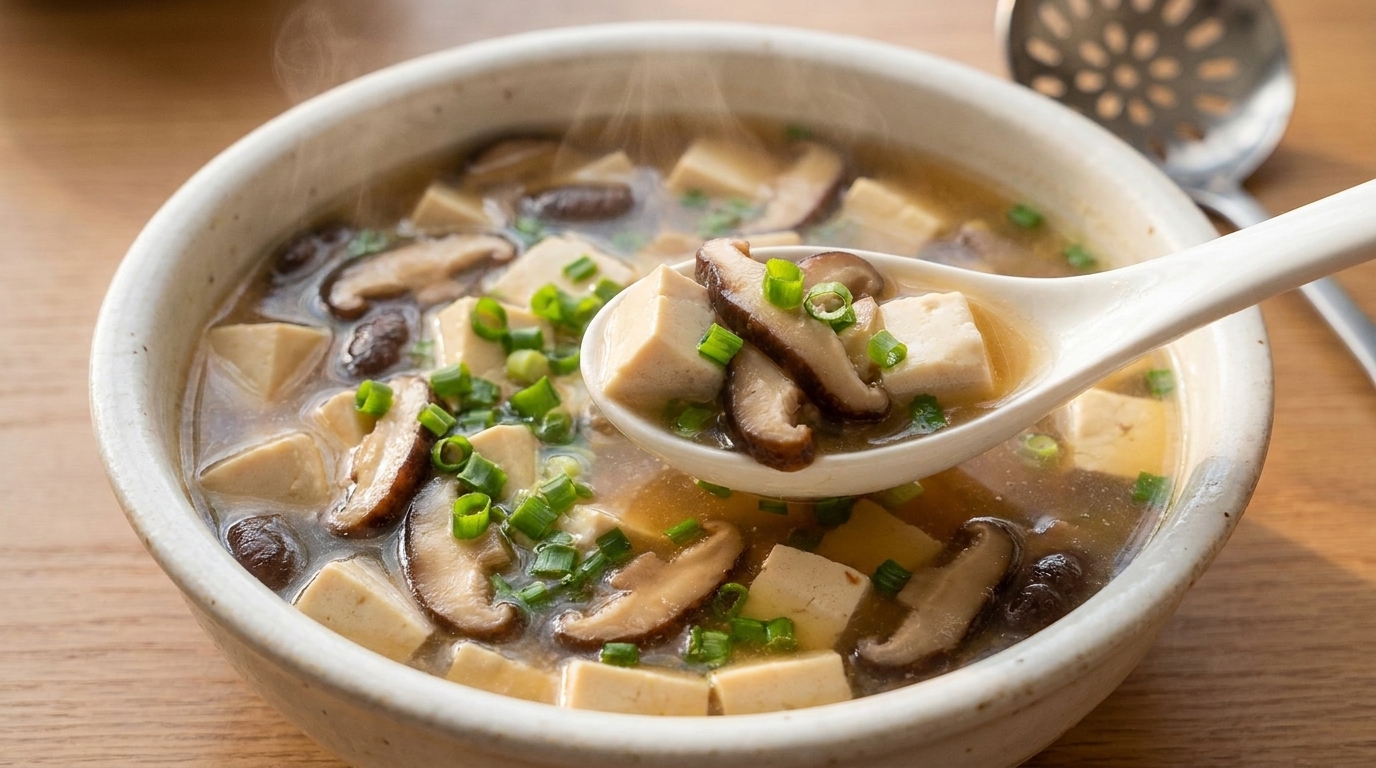 Soupe savoureuse aux champignons shiitake et tofu