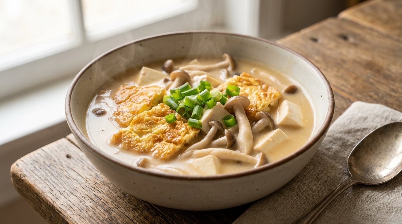 Un bol de soupe chaude aux champignons et au tofu, agrémenté de morceaux dœufs dorés et doignons verts frais.
