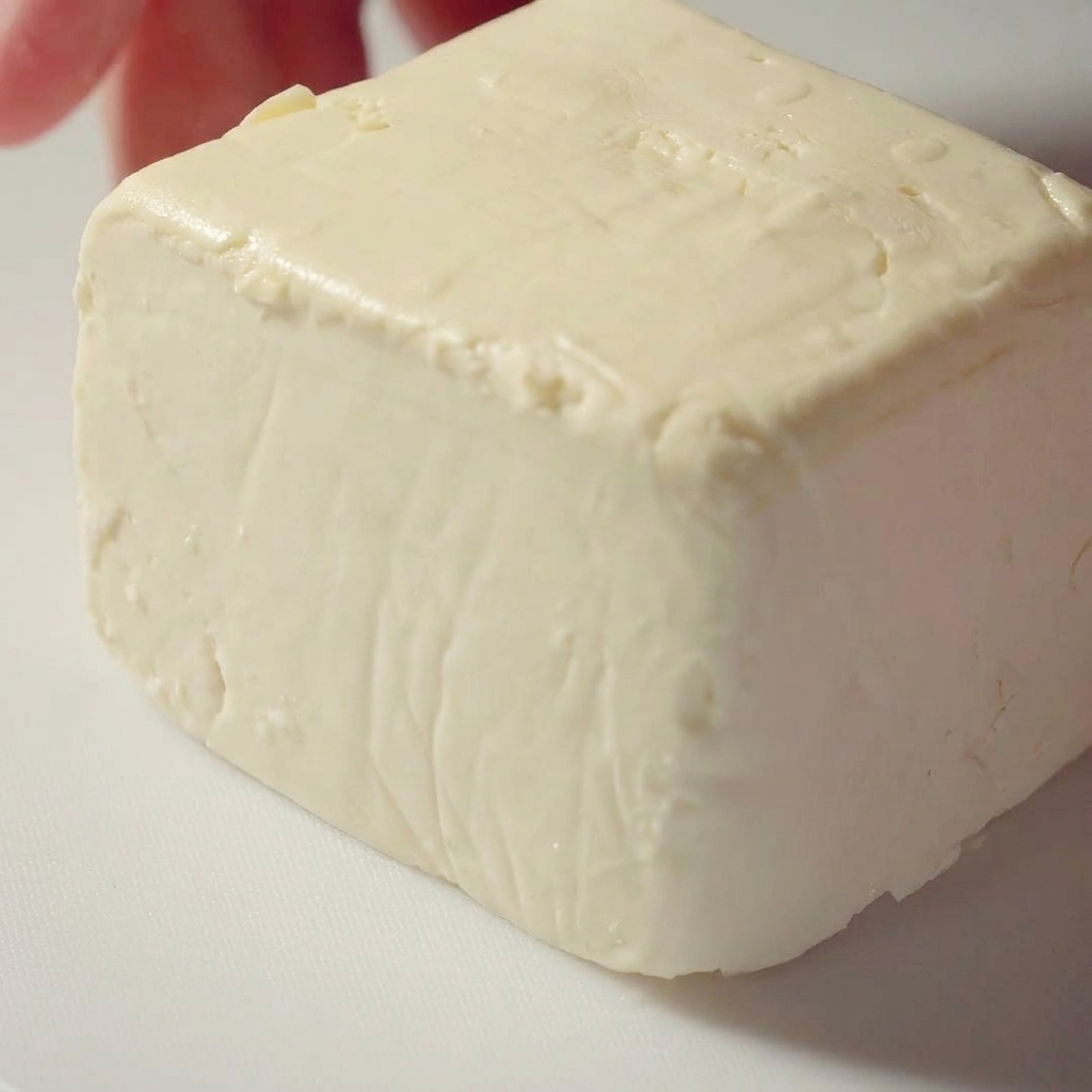 Un bloc de tofu blanc coupé en triangles sur une planche à découper.