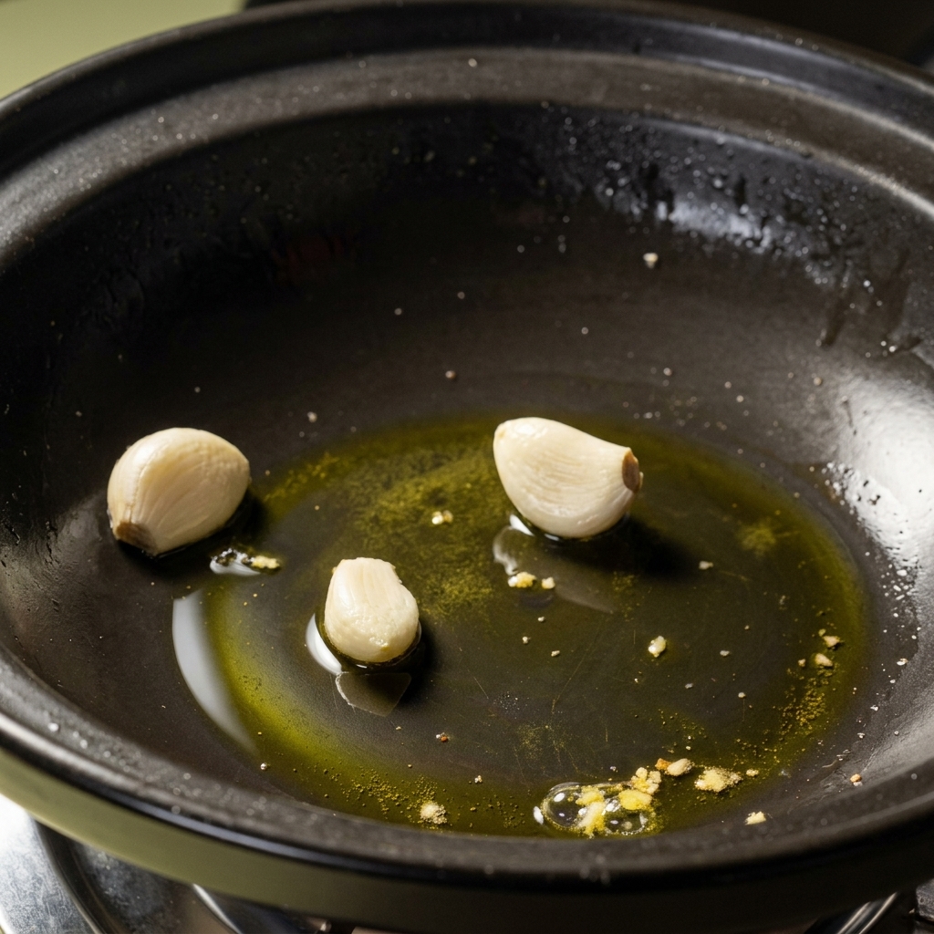 Gousses dail grésillant dans de lhuile chaude à lintérieur dun pot dargile.