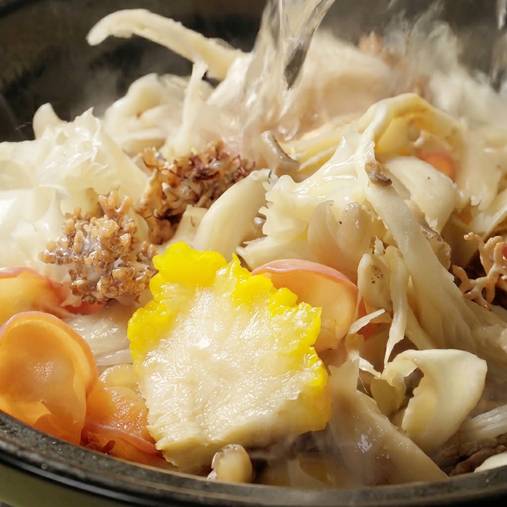 Champignons assortis dans un pot dargile avec de leau chaude versée dessus.