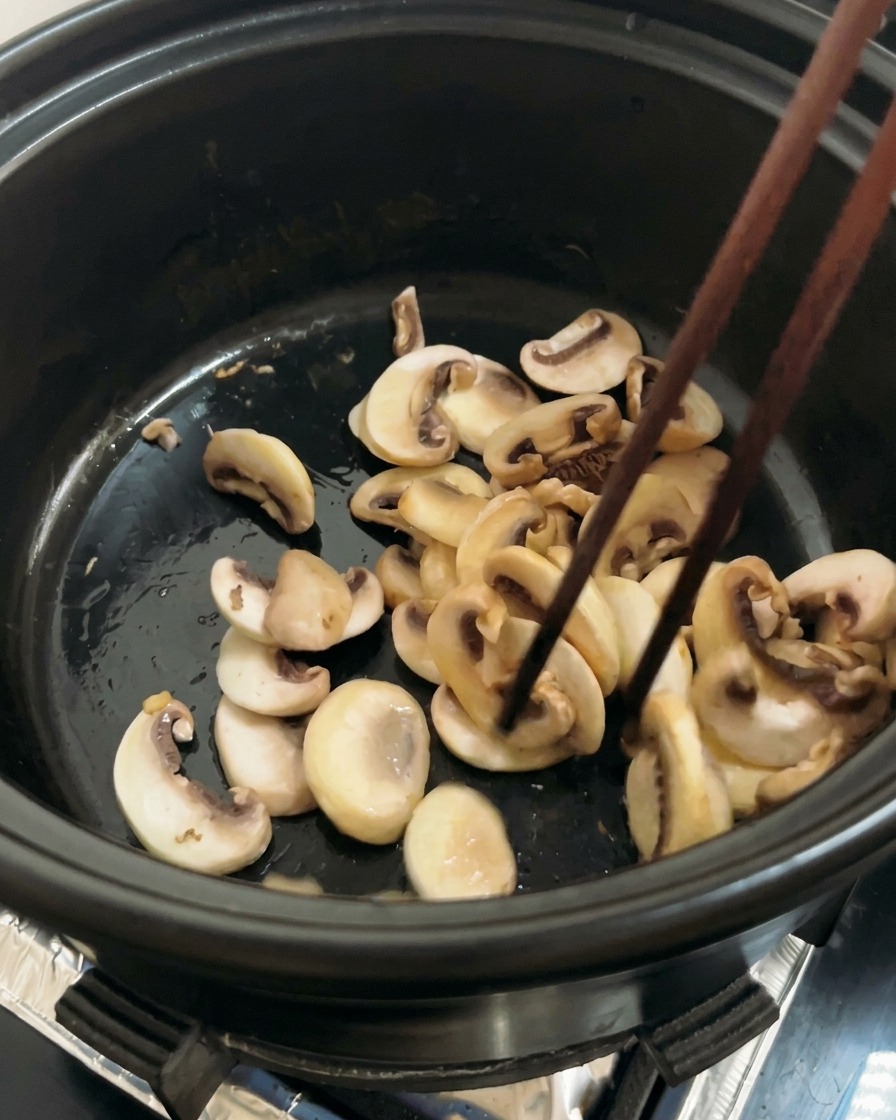 Champignons remués avec des baguettes en bois dans une marmite jusquà obtenir une coloration dorée.