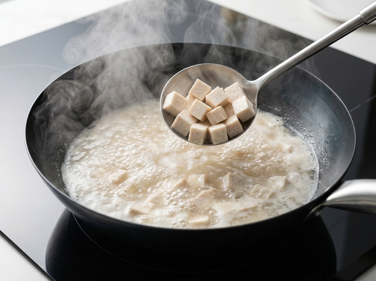 Cubes de tofu mijotant dans un bouillon savoureux à base de champignons dans un wok chaud.