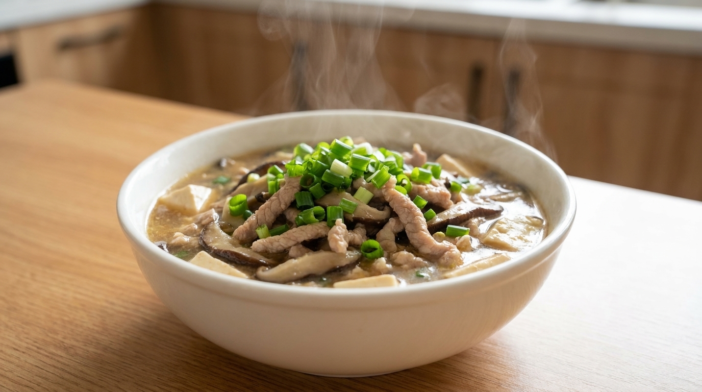 Soupe savoureuse au porc, tofu et champignons
