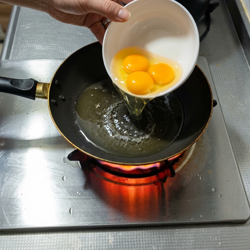 Trois œufs en train de frire dans une poêle chaude avec de lhuile.
