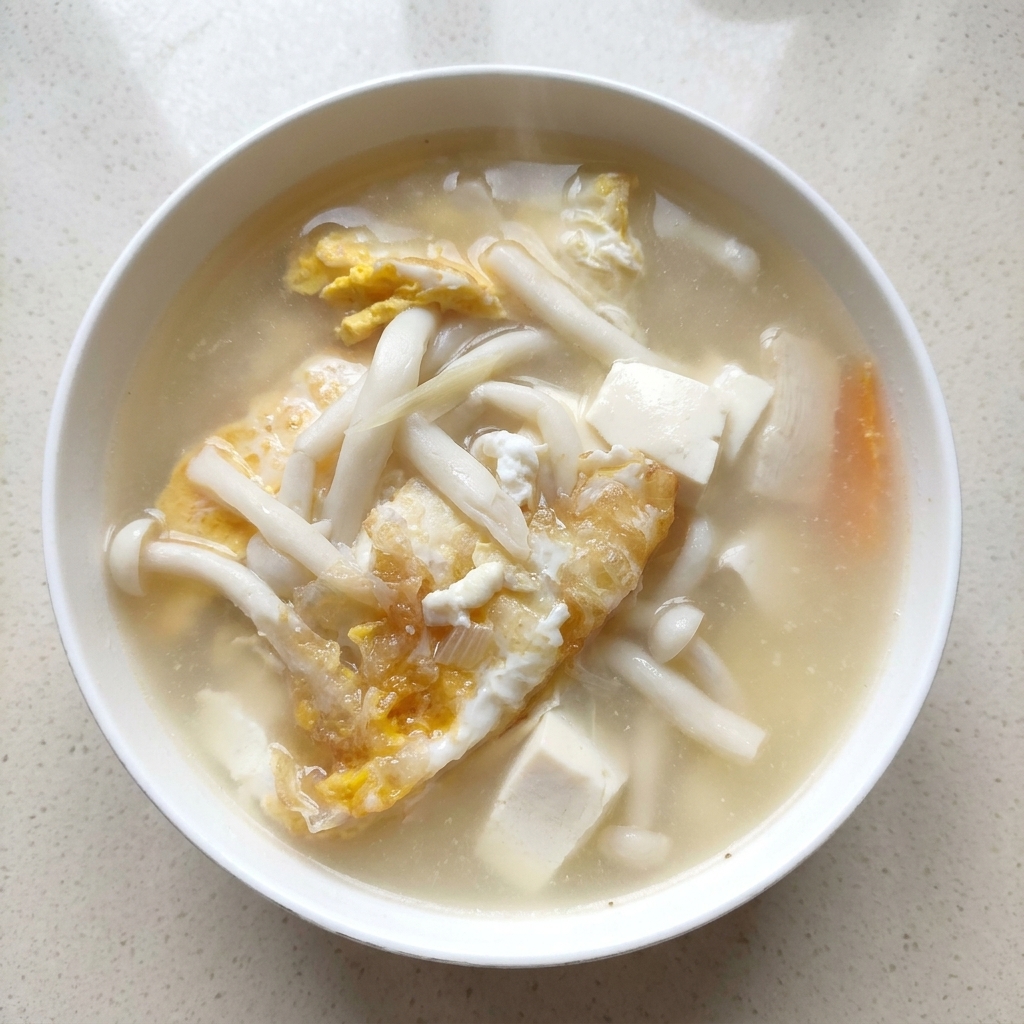 Une soupe copieuse bouillonnant dans une cocotte, avec champignons, carottes, tofu et morceaux dœuf.