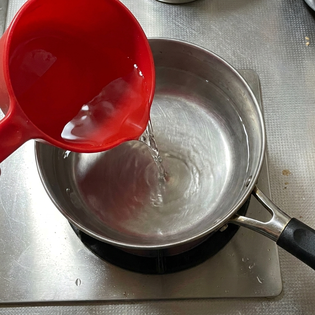 Eau bouillante versée dans une cocotte contenant les œufs frits et les aromates.