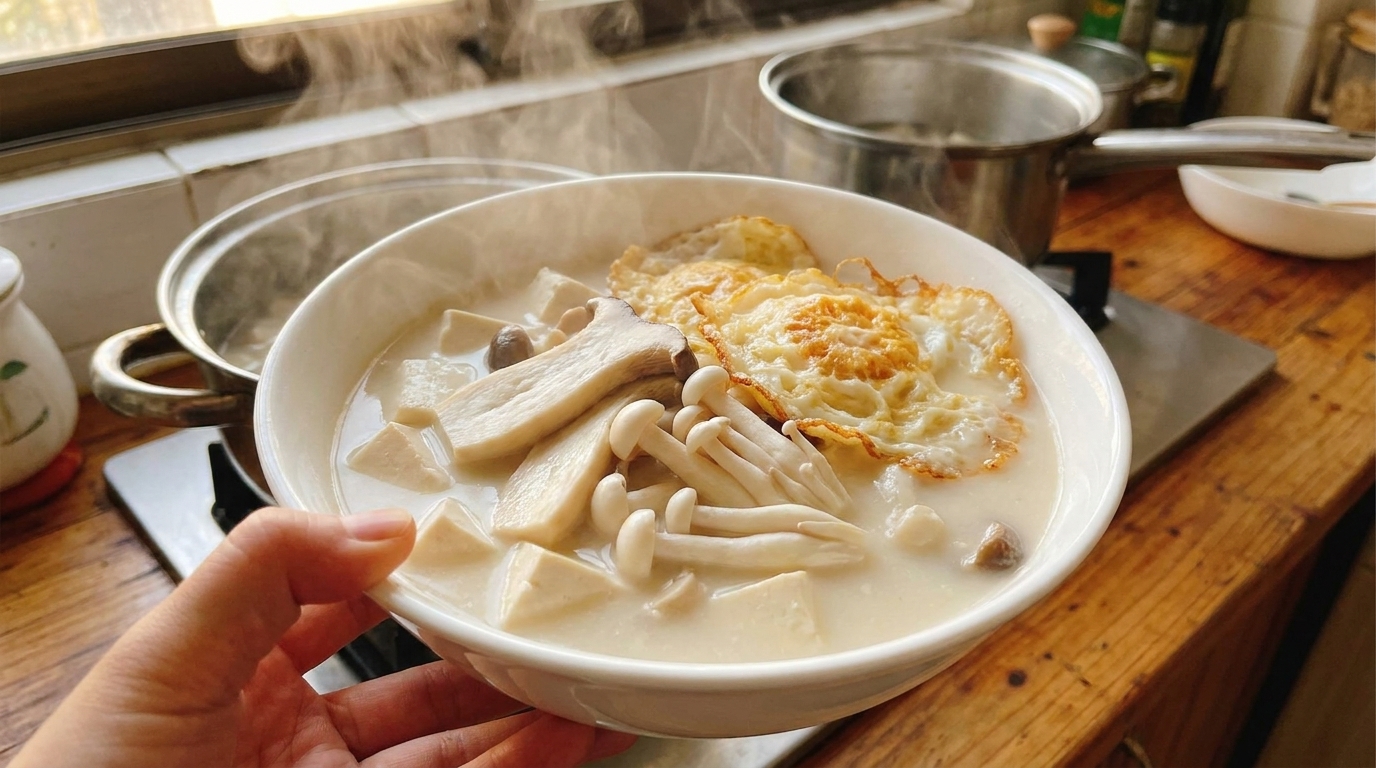 Un bol de soupe chaude et onctueuse au tofu et aux champignons, agrémentée dœufs frits dorés.