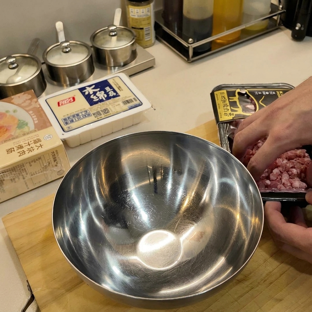 Viande hachée assaisonnée dans un bol en inox avec des aromates et des épices prêts à être mélangés.