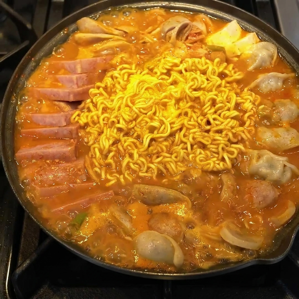 Une large poêle disposée avec des tranches de viande en conserve, saucisse et tofu sur un lit daromates.