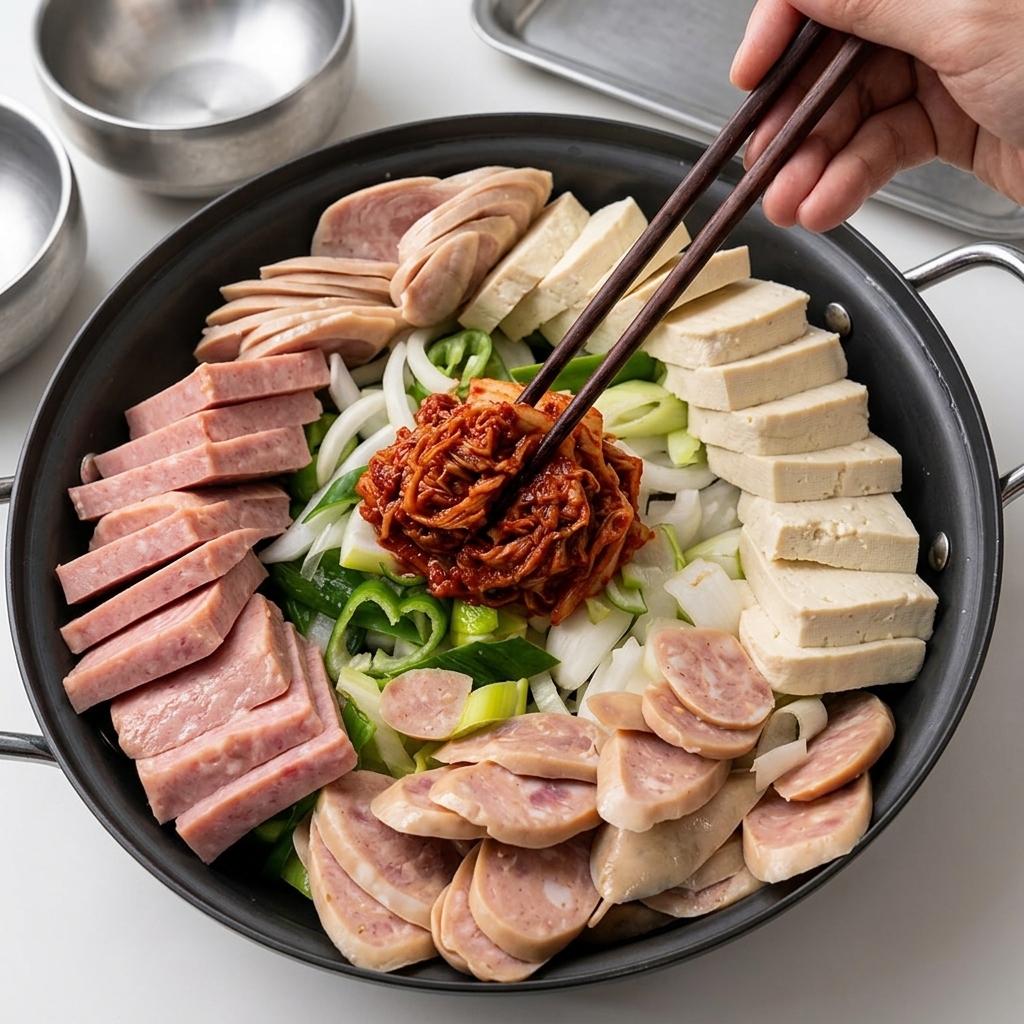 Ingrédients du ragoût arrangés dans une poêle avec le kimchi, la viande hachée et la sauce ajoutés au centre.