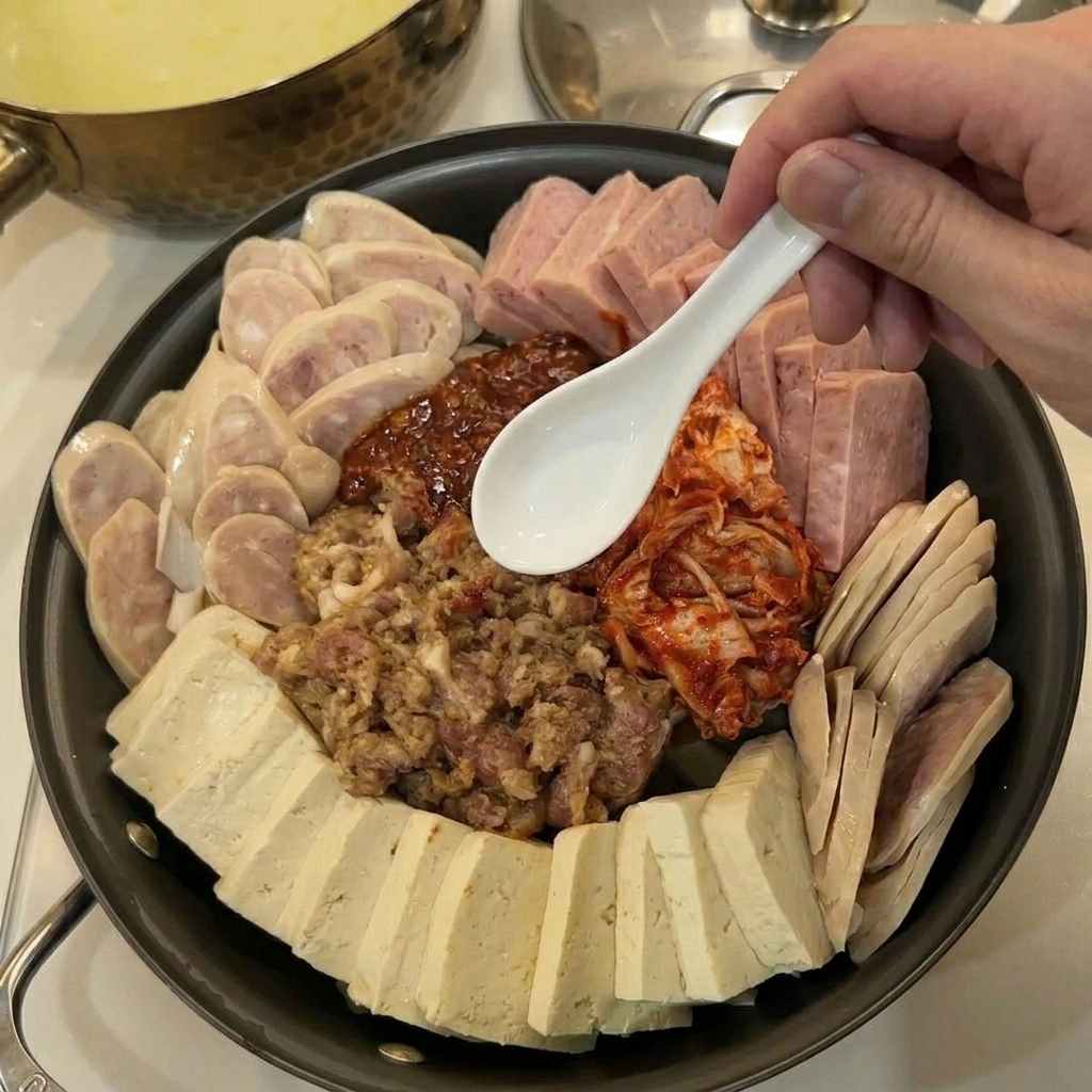 Bouillon versé sur les ingrédients arrangés dans la poêle.