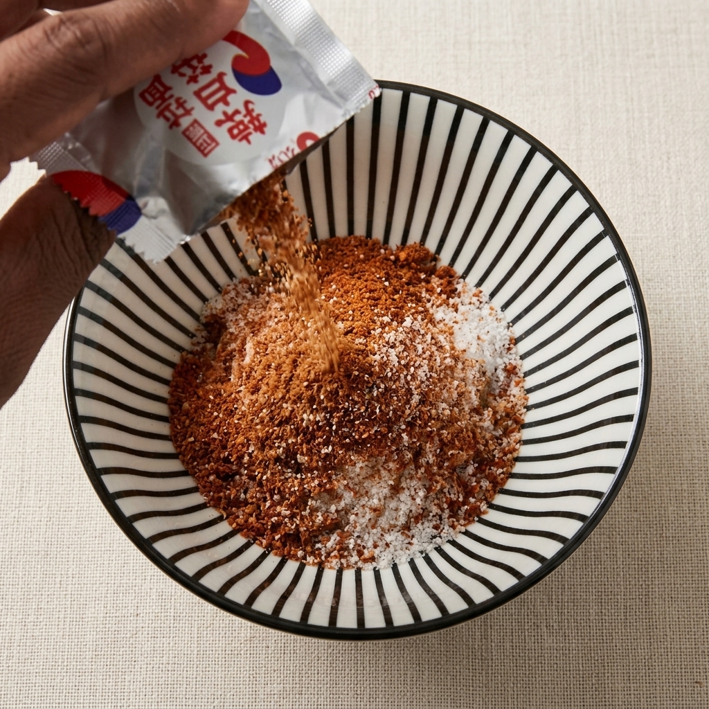 Poudre dassaisonnement Shin Ramyun versée dun sachet argenté dans le bol.