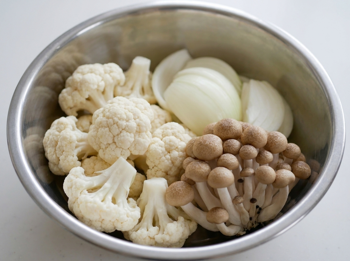 Fleurettes de chou-fleur et champignons shimeji ajoutés dans la marmite.
