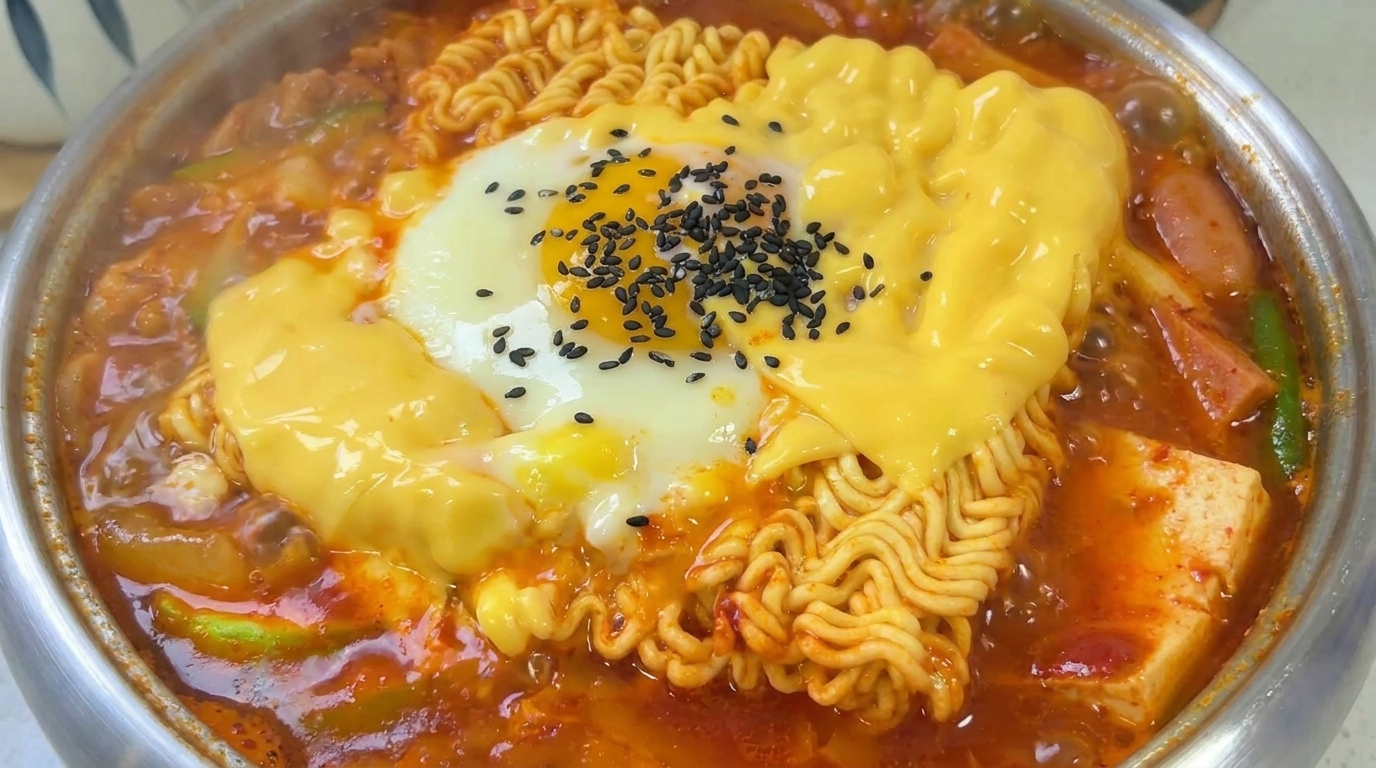 Un pot bouillonnant et généreux de ragoût de larmée coréenne, agrémenté de fromage fondu, dun œuf parfaitement cuit et de graines de sésame noir.