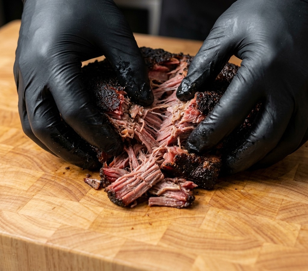 Une personne portant des gants noirs effiloche un gros morceau déchine de porc fumée à la croûte foncée sur une planche en bois.
