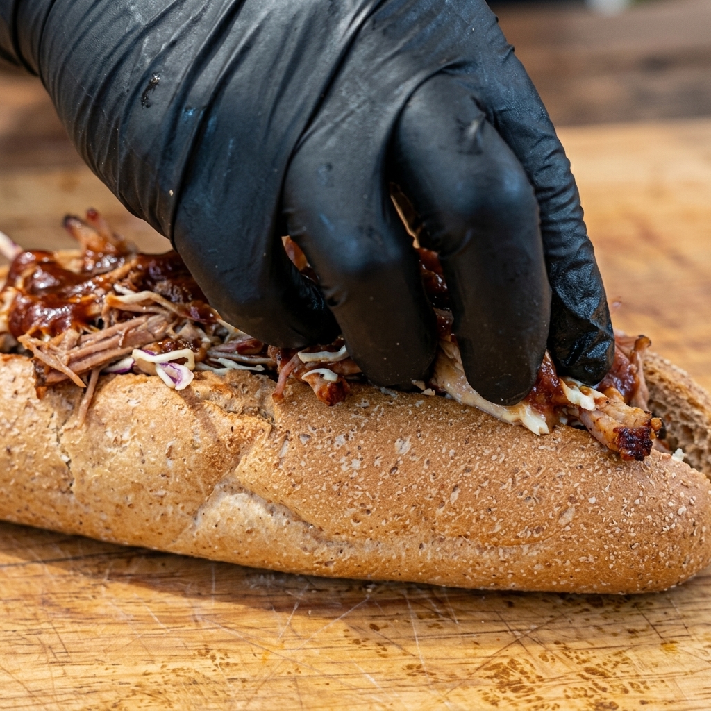 Une main gantée presse la garniture de porc effiloché et de coleslaw dans une baguette de blé entier grillée.