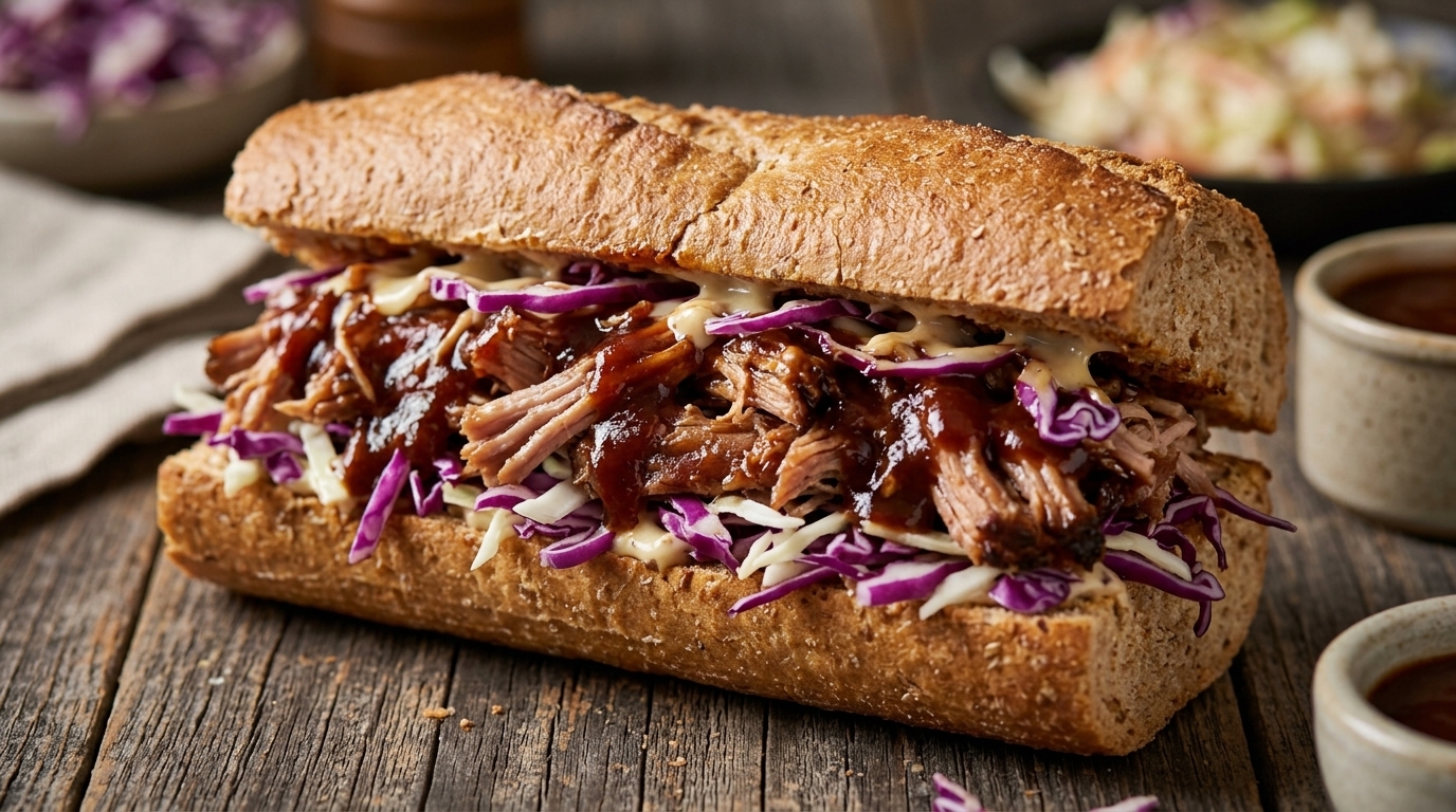 Sandwich Baguette au Porc Effiloché Fumé et Coleslaw
