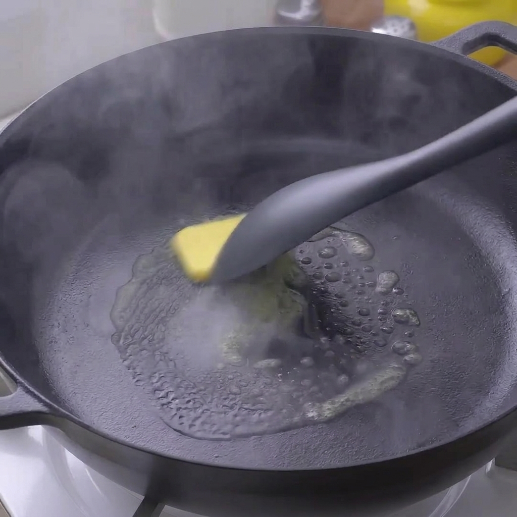Un carré de beurre jaune fondant et moussant au centre dune poêle noire chaude.