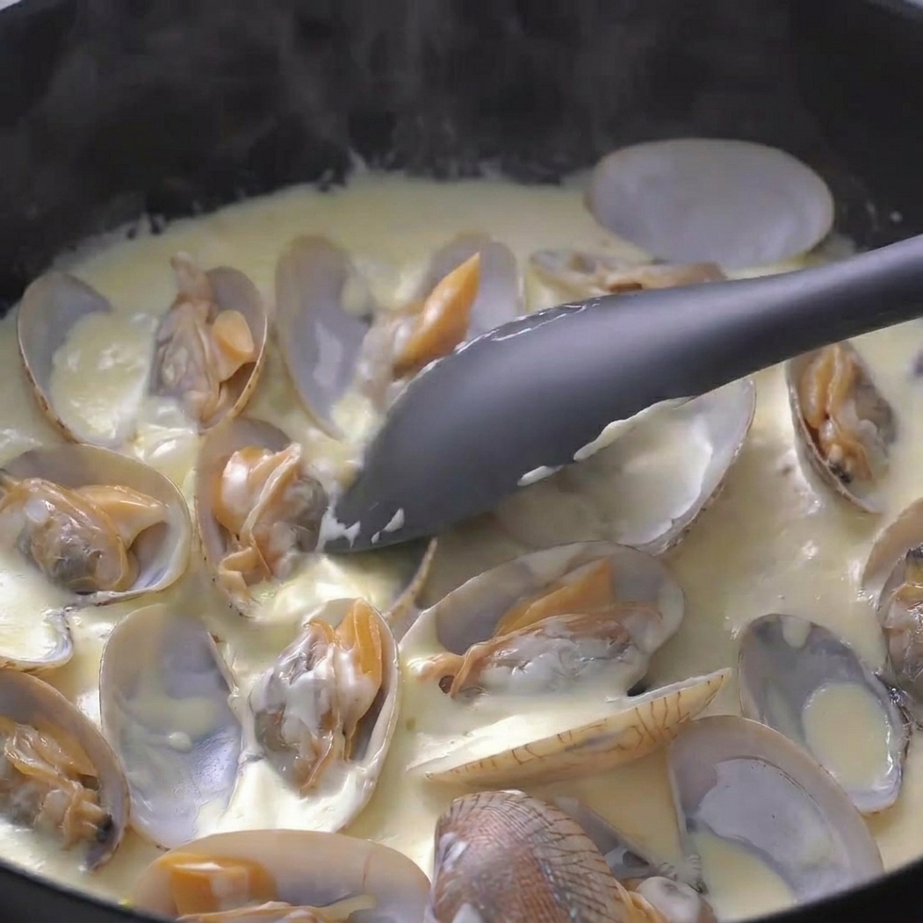 Une spatule gris foncé mélangeant la crème liquide aux palourdes pour créer une sauce onctueuse.