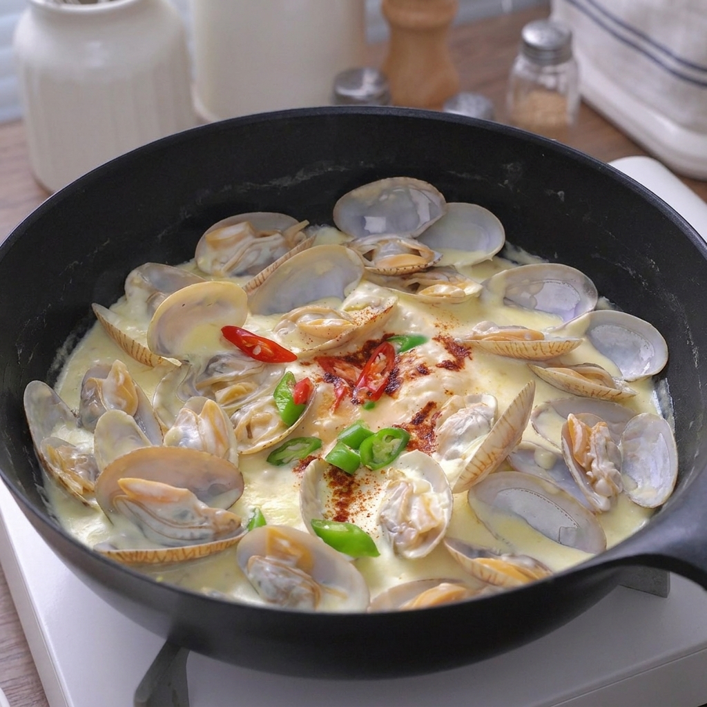 Une main assaisonnant les palourdes en sauce blanche avec une pincée de sel et de sucre.