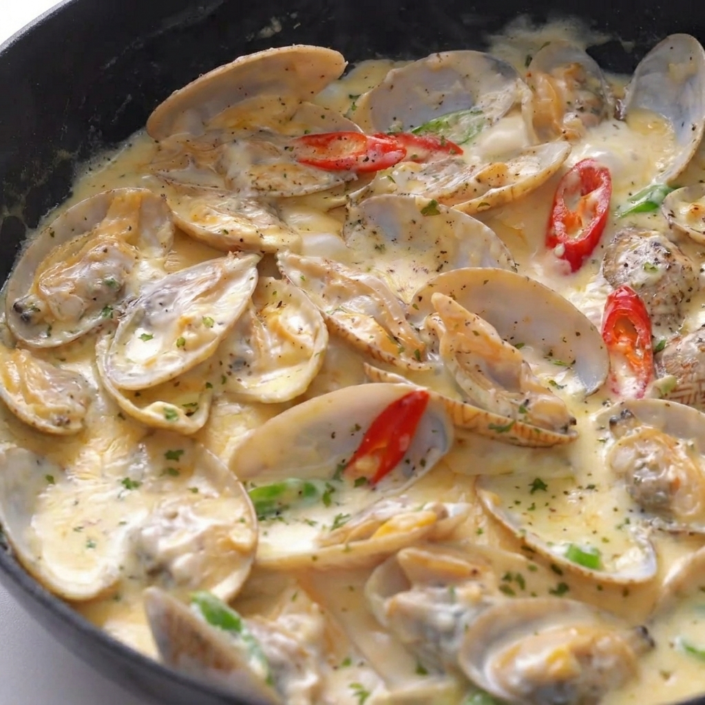 Piments rouges et verts émincés éparpillés sur des palourdes cuites dans une sauce blanche onctueuse.