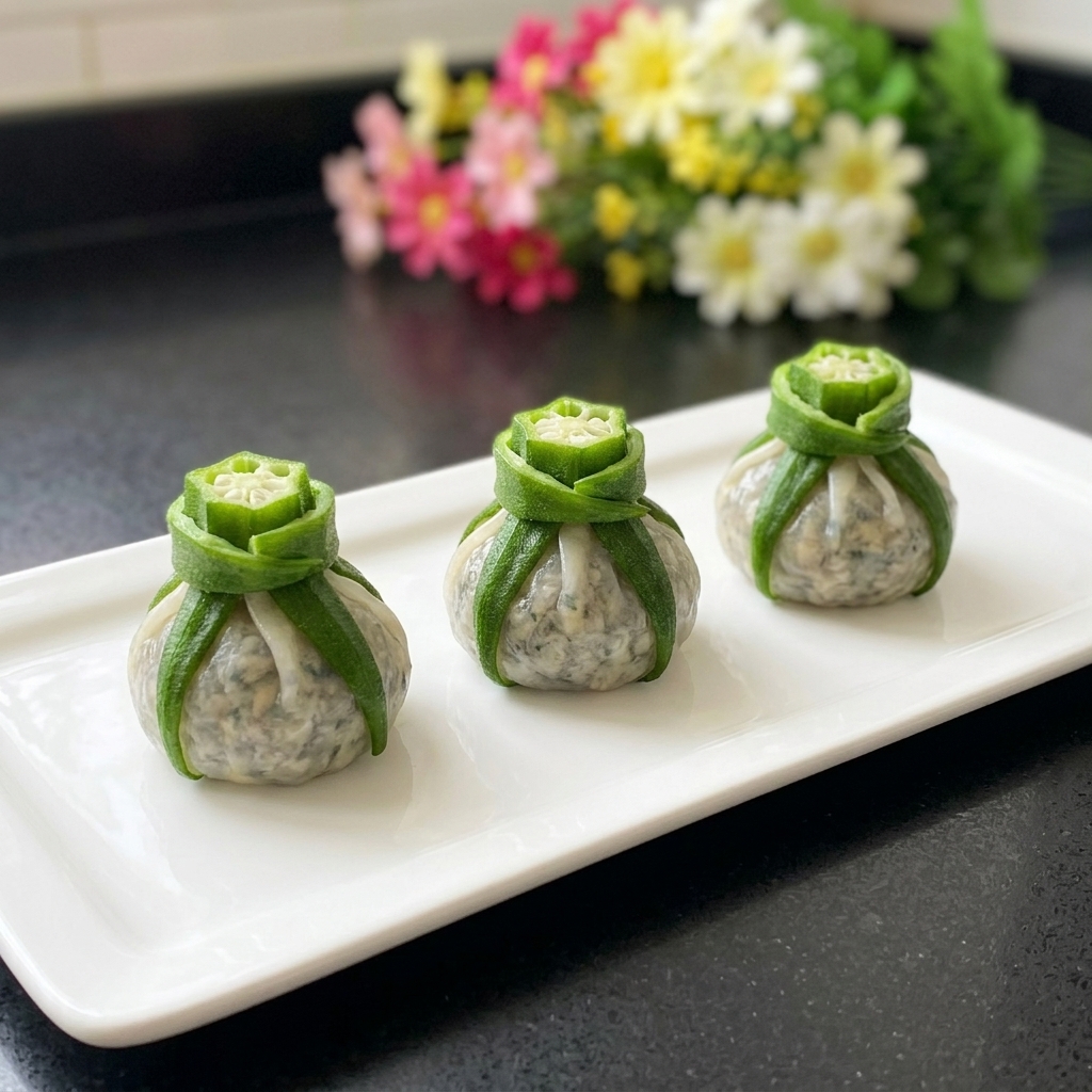 Trois gombos farcis artistiquement disposés sur une assiette rectangulaire blanche avant dêtre cuits à la vapeur.