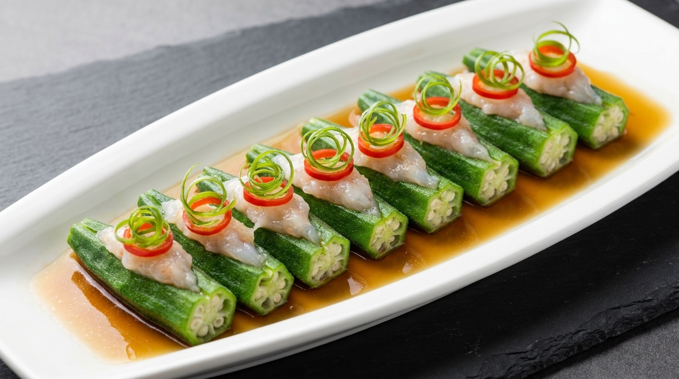 Gombos à la Vapeur Farcis à la Pâte de Crevettes (Kung Fu Okra)