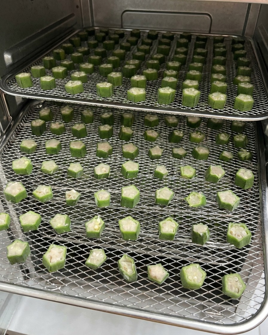 Deux grilles remplies de friandises au gombo et au poulet à lintérieur dun déshydrateur pendant le processus de séchage.